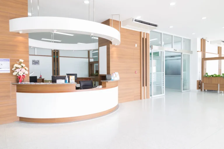 A bight hospital waiting room interior