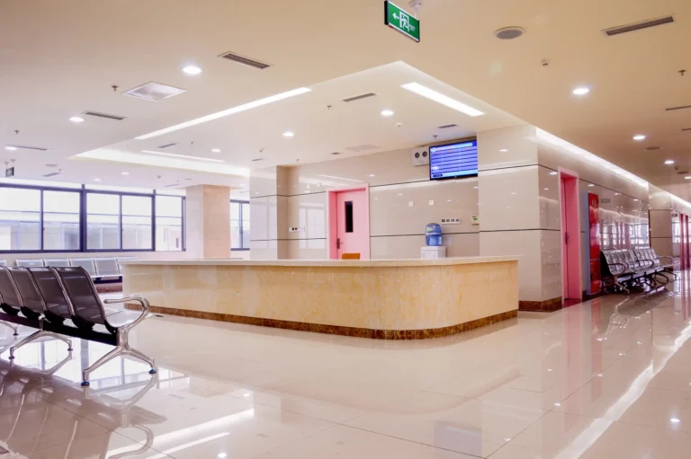 A well-lit hospital waiting area